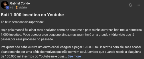 Membro alcança mil inscritos