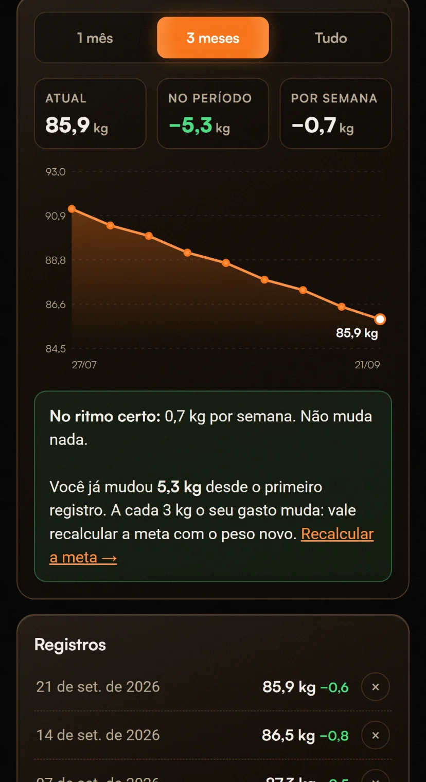 Gráfico do peso caindo ao longo de 3 meses, com a variação por semana