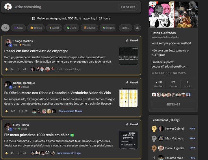 Interface da comunidade: feed com posts de membros, curtidas, comentários e ranking