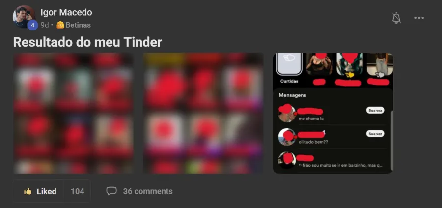 Post de membro na comunidade: Quase 100 matches no Tinder