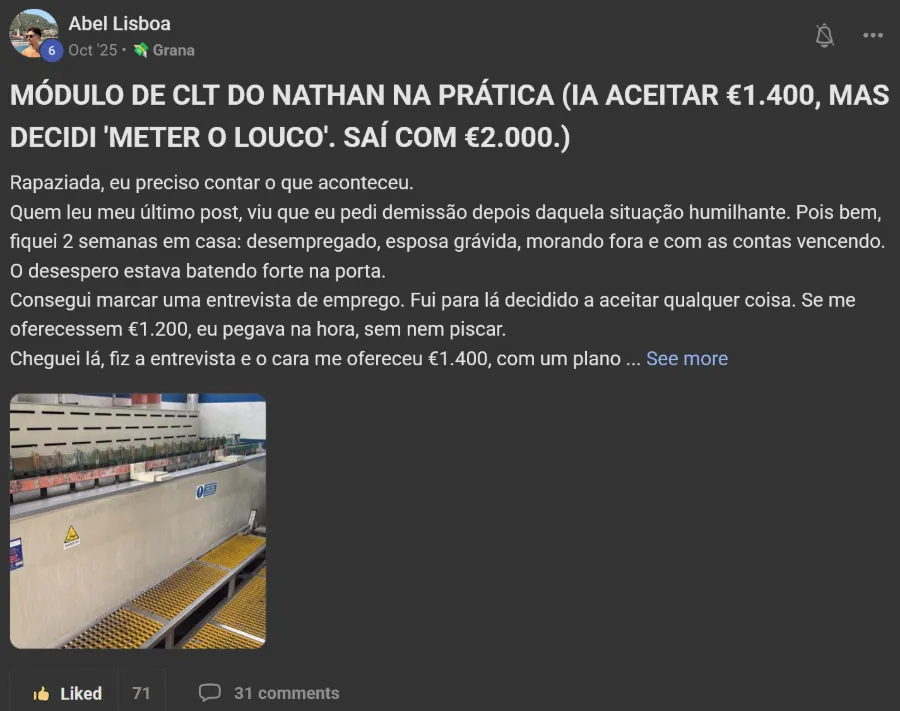 Post de membro na comunidade: Ofereceram €1.400. Saiu com €2.000