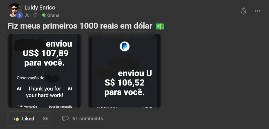 Post de membro na comunidade: Primeiros US$ 210 como freelancer