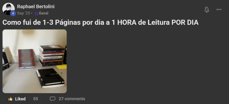Post de membro na comunidade: De 1 página por dia para 1 hora de leitura
