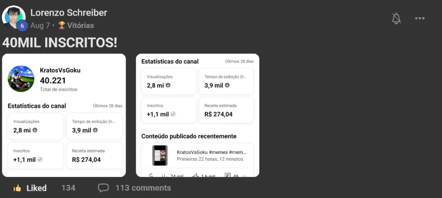 Post de membro na comunidade: 40 mil inscritos no YouTube