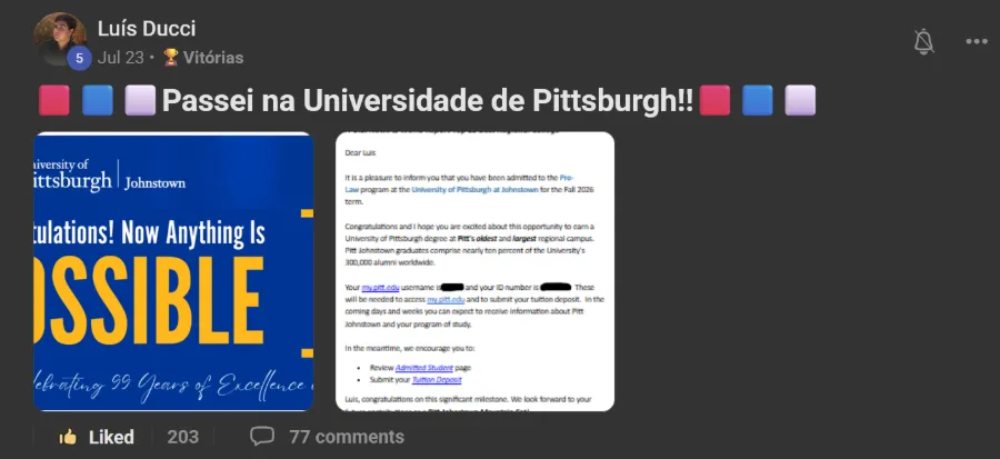 Post de membro na comunidade: Aprovado em universidade nos EUA