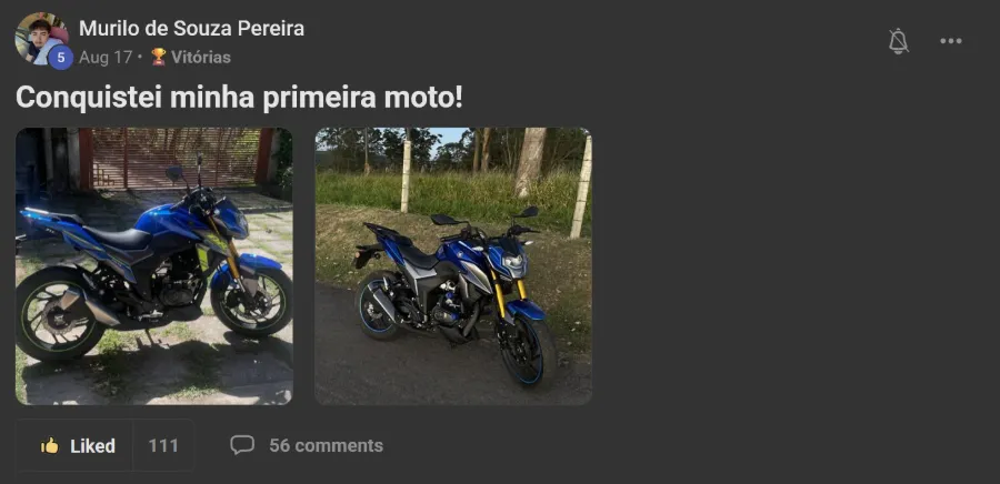 Post de membro na comunidade: Primeira moto, com mais da metade de entrada
