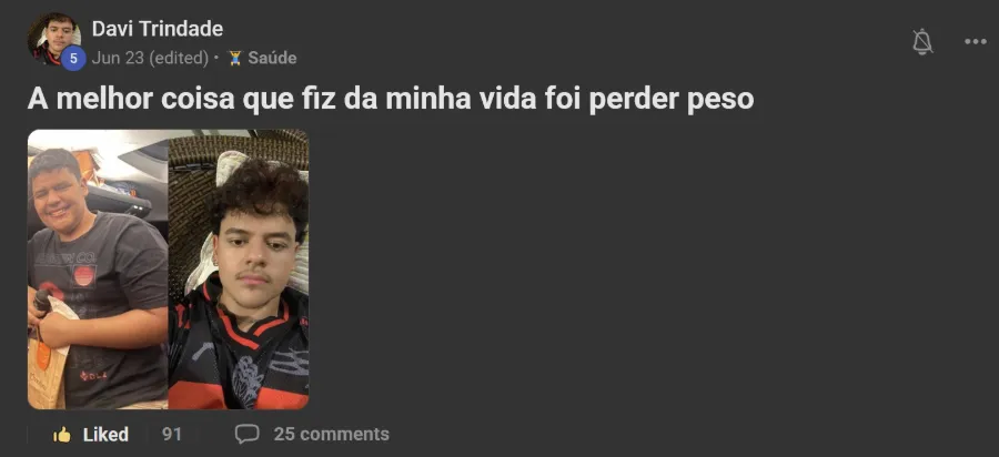 Post de membro na comunidade: Saiu dos 110 kg