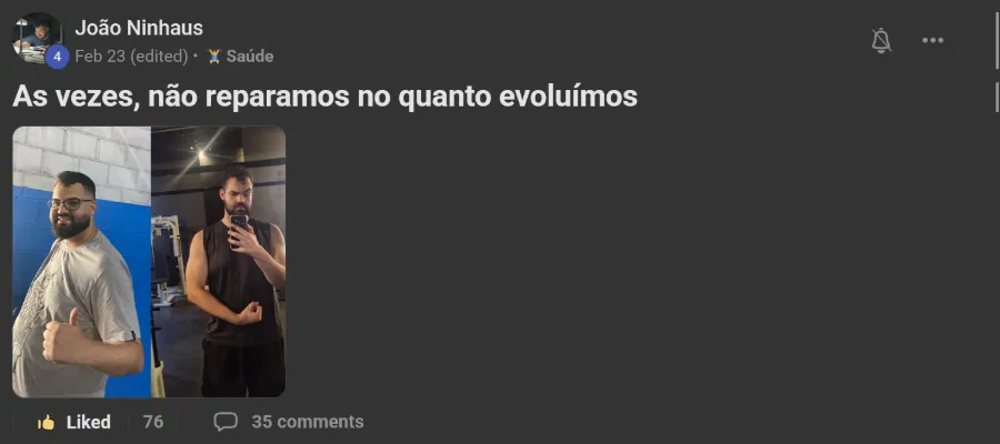 Post de membro na comunidade: Antes e depois na academia